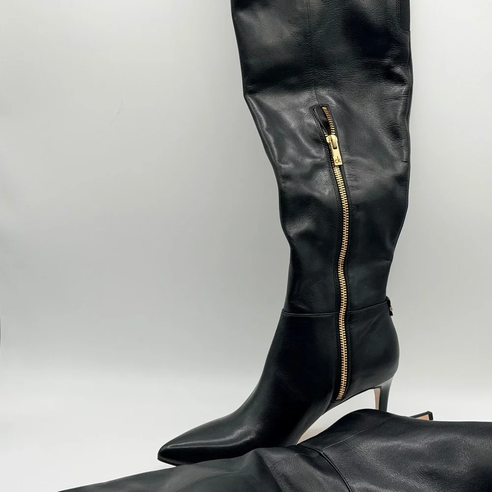 Calvin Klein Coletta Over the Knee Boots Women 6.5 Black Leather Stiletto Luxury